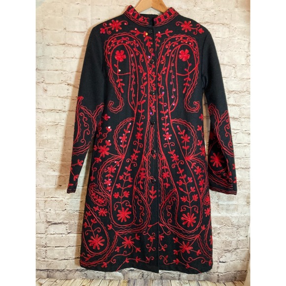 Metrostyle Boiled Wool Coat Womens Small Black Red All Over Embroidery Long Line - Picture 1 of 13